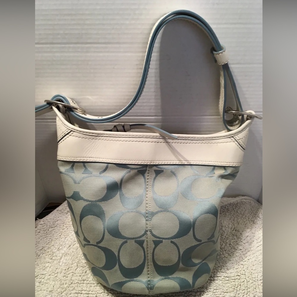 Coach Signature Jacquard Canvas Leather Trim Bucket Duffle Shoulder Handbag